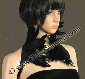 Tribe Nawaar's black premium theatrical feather collar, front, closed