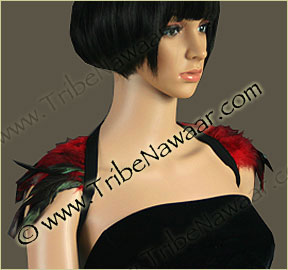 Tribe Nawaar's rich red premium theatrical feather collar, front, down