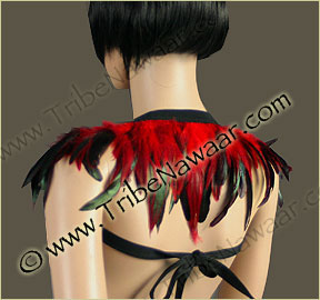 Tribe Nawaar's rich red premium theatrical feather collar, back, down
