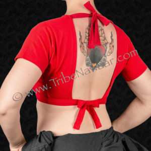 Red basic short sleeve choli from Tribe Nawaar, back view.