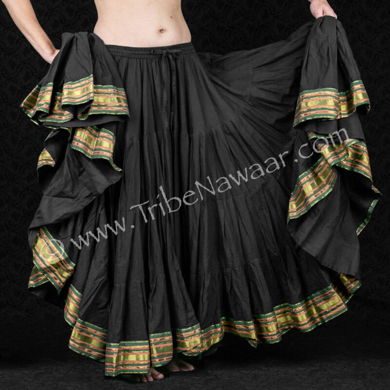 Black Lotus Sari Trim Skirt With Green Trim