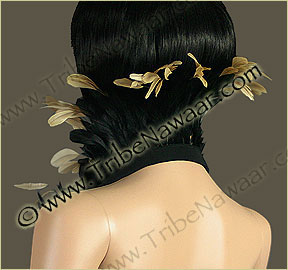 Tribe Nawaar's natural queen theatrical feather collar, back, closed