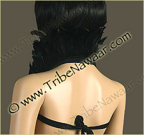 Tribe Nawaar's natural variegated queen theatrical feather collar, back, closed