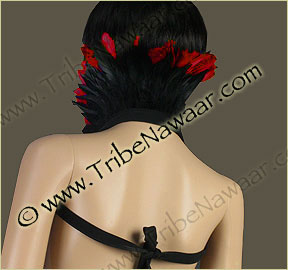 Tribe Nawaar's red queen of hearts theatrical feather collar, back, closed
