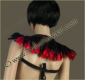 Tribe Nawaar's red queen of hearts theatrical feather collar, back, down