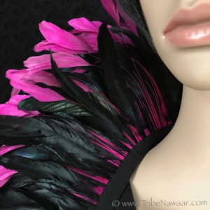 Tribe Nawaar's hot pink queen theatrical feather collar, detail of feathers