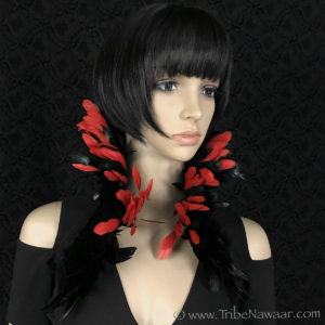 Tribe Nawaar's red queen of hearts theatrical feather collar, closed 'Victorian Collar' style