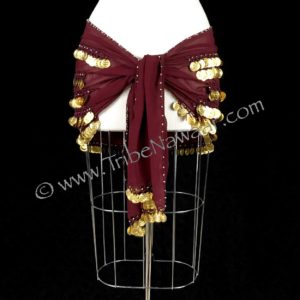Tribe Nawaar's deluxe burgundy & gold coin hip scarf, tie section.