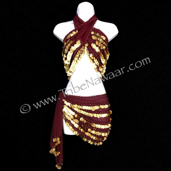 Deluxe Burgundy & Gold Coin Hip Scarf