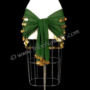 Tribe Nawaar's deluxe green & gold coin hip scarf, tie section.
