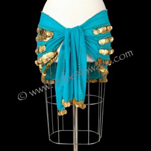 Tribe Nawaar's deluxe turquoise & gold coin hip scarf, tie section.