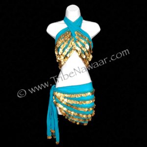 Tribe Nawaar's deluxe turquoise & gold coin hip wrap, with a second scarf worn as a top.