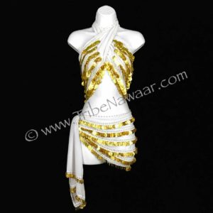 Tribe Nawaar's deluxe white & gold coin hip wrap, with a second wrap worn as a top.