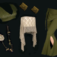 Tribe Nawaar's costuming combo of the month, sassy pants, olive short sleeve choli, rosehips skirt, bracelets & retro necklace