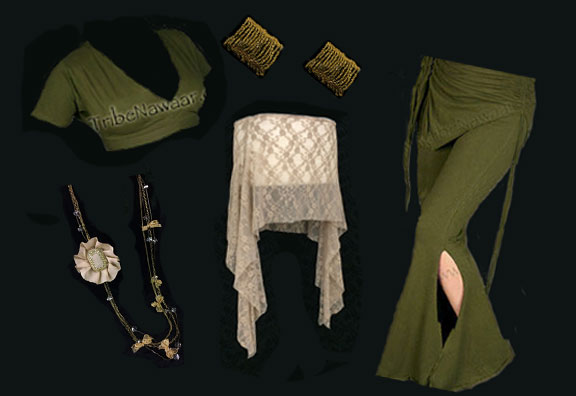 Tribe Nawaar's costuming combo of the month, sassy pants, olive short sleeve choli, rosehips skirt, bracelets & retro necklace