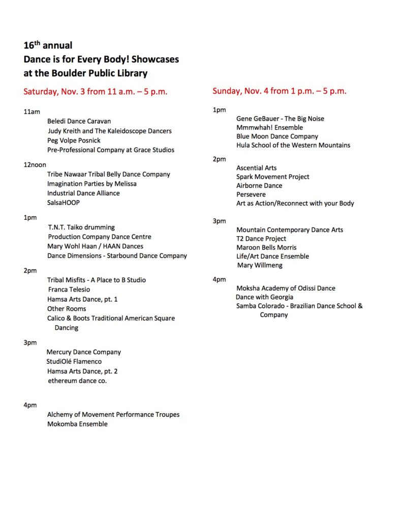 Dance Is For Every Body Showcase schedule 2018, Boulder Colorado