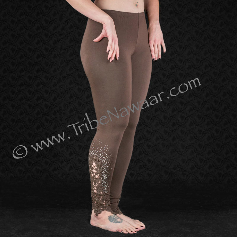 XL Brown Leggings With Crochet Style Lace & Rhinestones