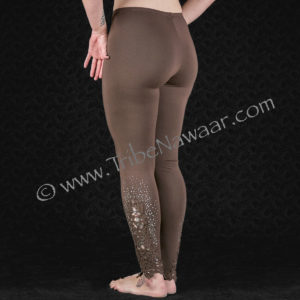 Brown leggings with crochet style lace & rhinestones, back view.