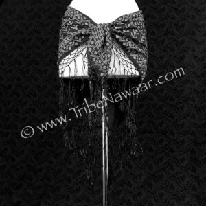 Economy black & silver assuit hip scarf available thru Tribe Nawaar, view of tie section