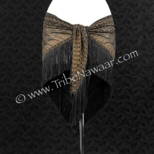 Deluxe black & gold assuit hip scarf available thru Tribe Nawaar, view of tie section