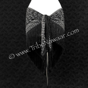 Deluxe black & silver assuit hip scarf available thru Tribe Nawaar, view of tie section