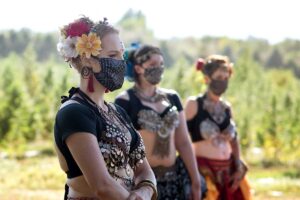 Rebecca, Mirav & Mira waiting to perform at Tribe Nawaar's Social Dis-Dance Farm Show