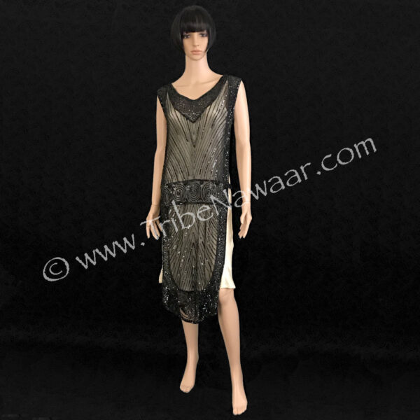 1920s Black Beaded & Sequined Tabard Panel Dress