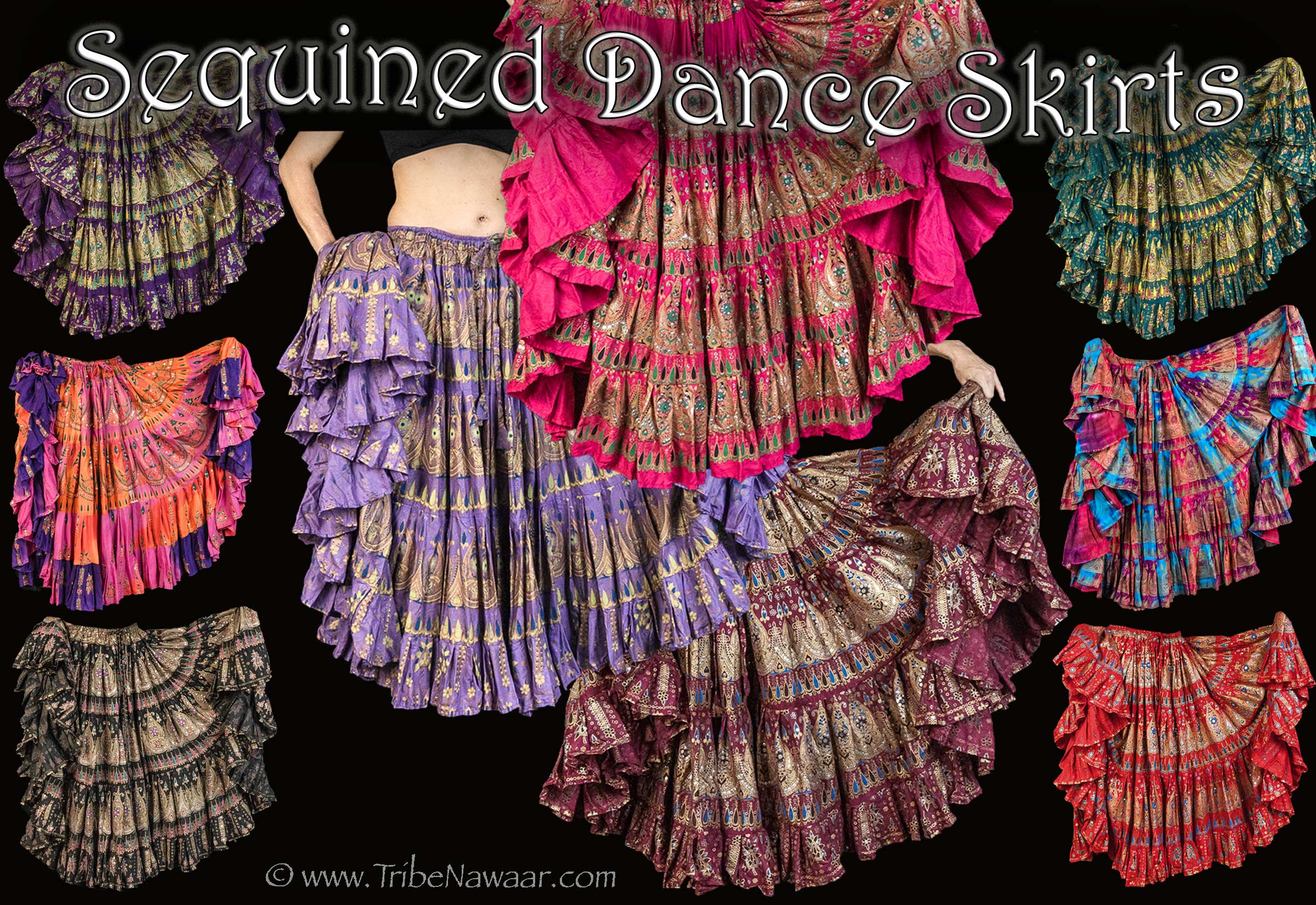 Sequined dance skirts from The Nawaar Marketplace at www.TribeNawaar.com Excellent for ATS, FCBD style belly dance and folkloric skirt dances!