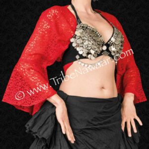 Red lace flute sleeve wrap top from The Nawaar Marketplace at www.TribeNawaar.com (view of ties tucked)
