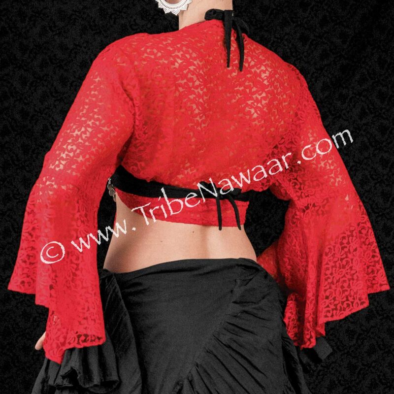 Red Lace Flute Sleeve Wrap Top