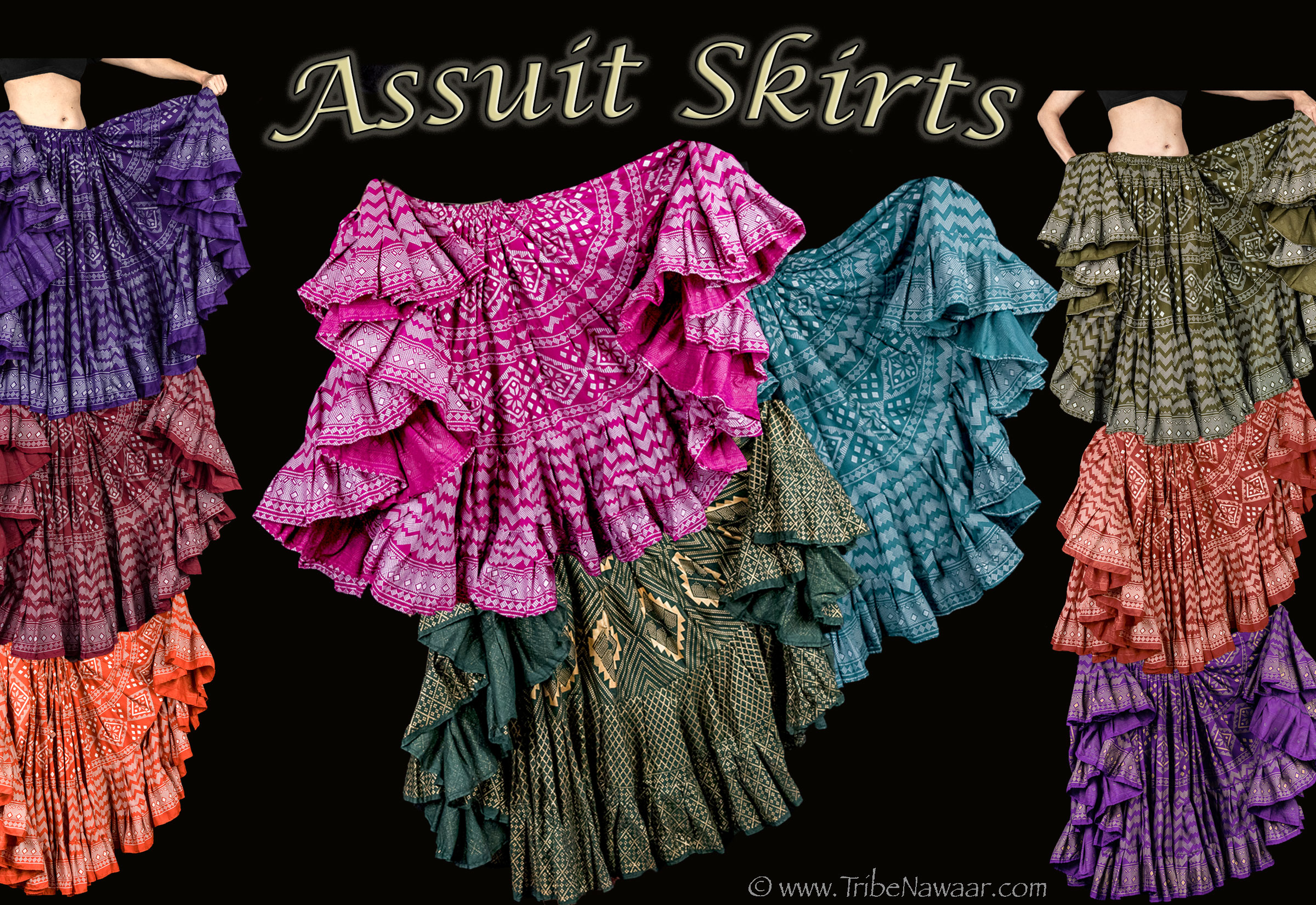 25 yard and 35 yard Assuit skirts for belly dance. Great for ATS, FCBDStyle, folkloric, steampunk, renaissance & medieval faires. 11 colors now available at The Nawaar Marketplace at www.TribeNawaar.com
