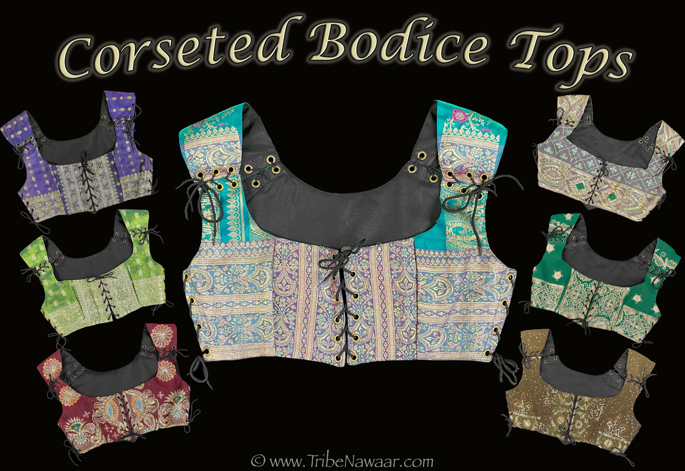 New corseted bodice tops for belly dance, renaissance and medieval costumes- new colors at www.TribeNawaar.com