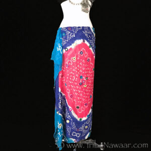 Blue & pink embellished bandhini wrap from The Nawaar Marketplace at www.TribeNawaar.com shown worn as a sarong