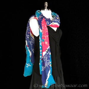 Blue & pink embellished bandhini wrap from The Nawaar Marketplace at www.TribeNawaar.com shown worn as a scarf