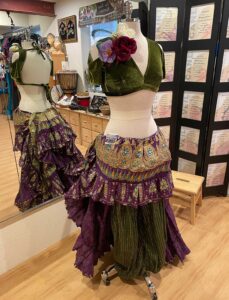 2024 spring costuming combo from the Nawaar Marketplace- all belly dance costuming and accessories available at www.TribeNawaar.com with olive and purple alternative look