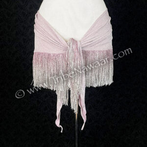 Blush deluxe ombre fringe hip scarf for belly dance from the Nawaar Marketplace at www.TribeNawaar.com (view of tie section)