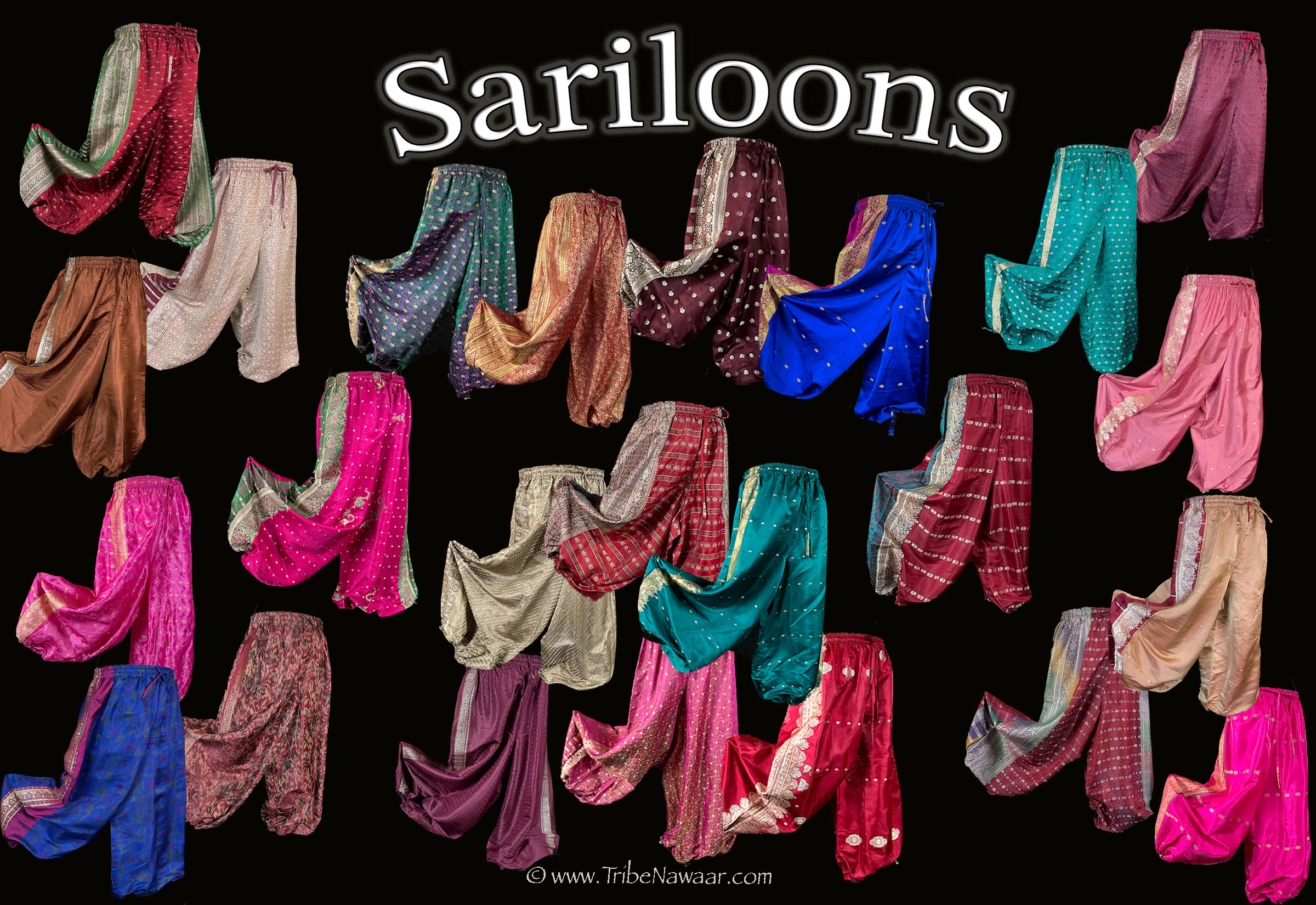 New vintage sari pantaloons 'sariloons' - eco chic upcycled belly dance pants (aka pantaloons or harem pants) available at the Nawaar Marketplace at www.TribeNawaar.com