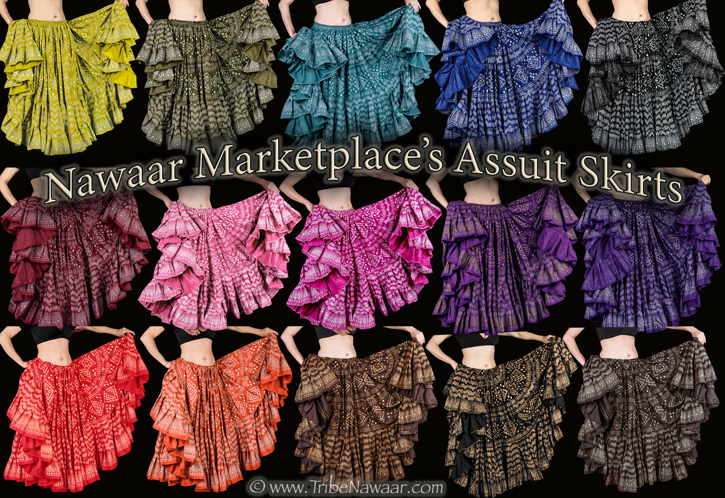 25 yard Assuit Skirts for tribal belly dance, FCBDstyle skirt work, ATS and fusion belly dance performances. Available from The Nawaar Marketplace at www.TribeNawaar.com