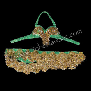 Green & Gold Bedlah- Egyptian Bra & Belt Set for raqs sharqi belly dance available on consignment from The Nawaar Marketplace at www.TribeNawaar.com (set laid flat)