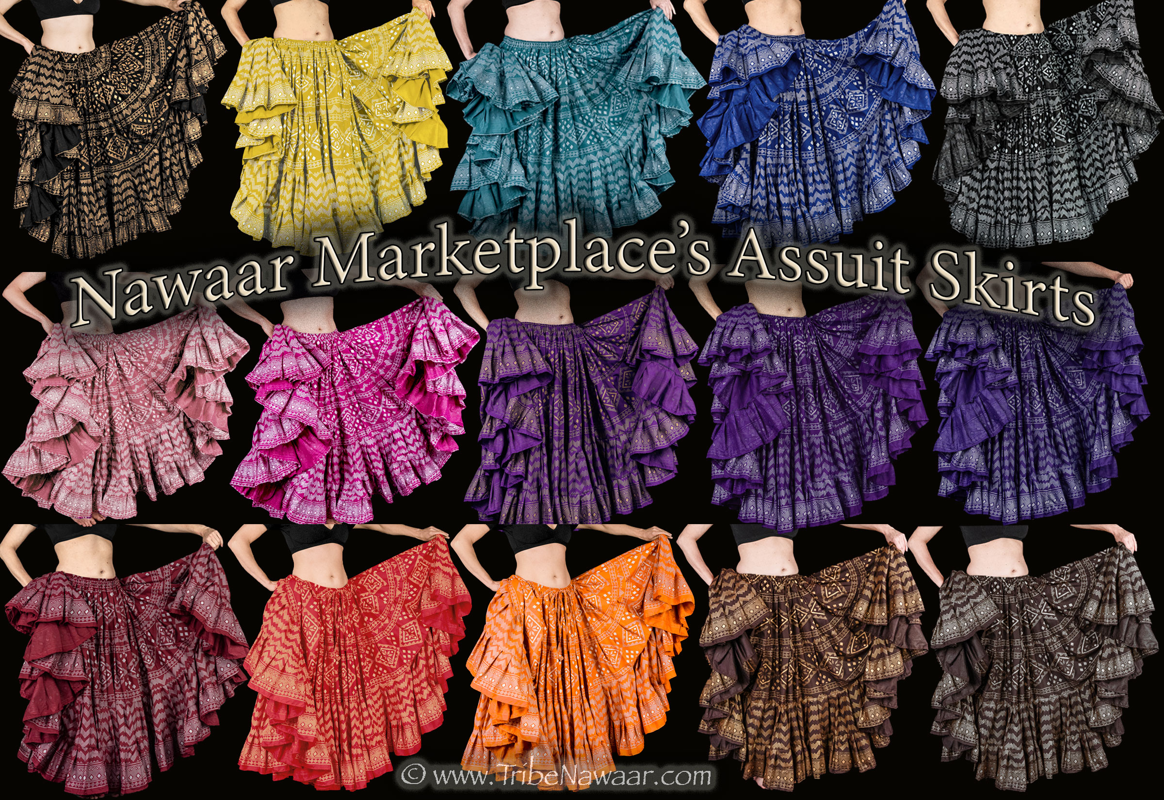 Assuit 25 Yard Block Print Skirts for tribal belly dance, FCBDstyle skirt work, ATS and fusion belly dance performances. Available from The Nawaar Marketplace at www.TribeNawaar.com