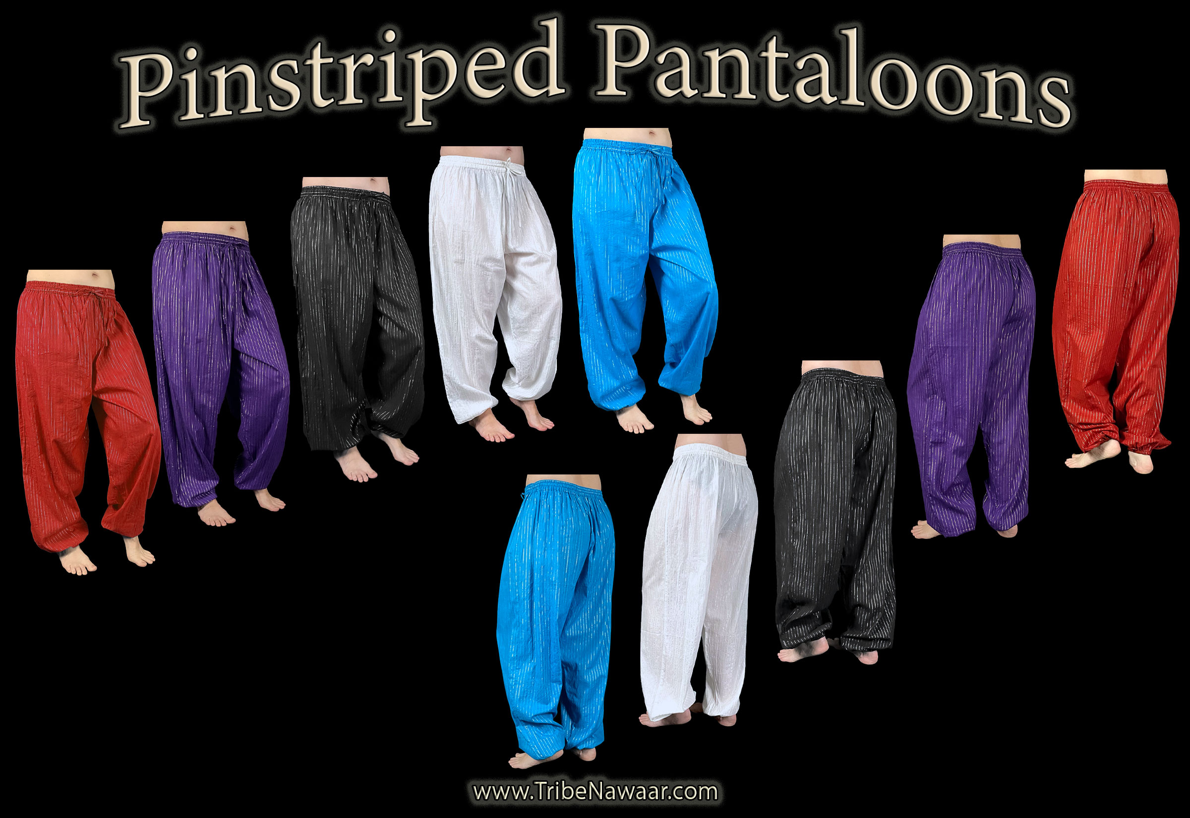 Pinstripe Pantaloons for belly dance harem pants costume available at the Nawaar Marketplace at www.TribeNawaar.com