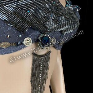 Slate grey fusion belly dance bra for tribal belly dance from The Nawaar Marketplace at www.TribeNawaar.com (detail)