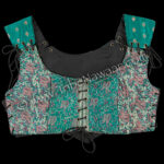 Teal paisley #1 corseted bodice top for belly dance costume, renaissance faire, medieval festival and more. See full line of belly dance costumes available from The Nawaar Marketplace at www.TribeNawaar.com