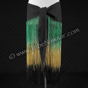 Reversed Sari Fringe Scarf with green, gold & black fringe- eco chic up-cycled belly dance hip wrap available at the Nawaar Marketplace at www.TribeNawaar.com (view of tie section)
