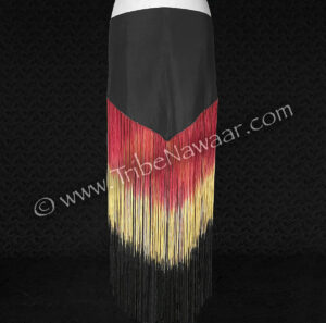 Reversed Sari Fringe Scarf with red, gold & black fringe- eco chic up-cycled belly dance hip wrap available at the Nawaar Marketplace at www.TribeNawaar.com