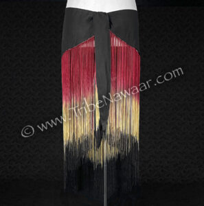 Reversed Sari Fringe Scarf with red, gold & black fringe- eco chic up-cycled belly dance hip wrap available at the Nawaar Marketplace at www.TribeNawaar.com (view of tie section)