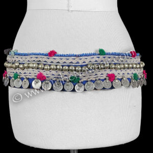 Blue & Silver Vintage Textile Belt With Multicolored Poms(Consignment tibog1-3)