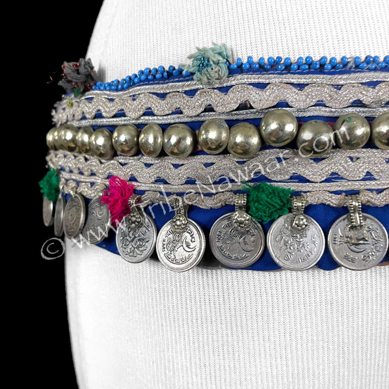 Blue & Silver Vintage Textile Belt With Multicolored Poms(Consignment tibog1-3)