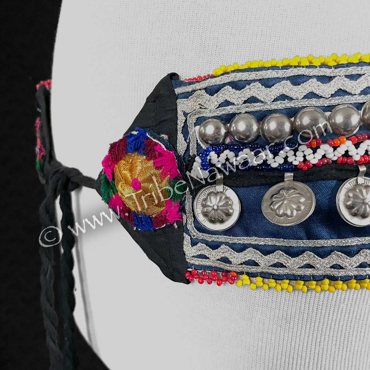 Dark Blue Textile Belt With Flower Tabs (Consignment chrai2-6)