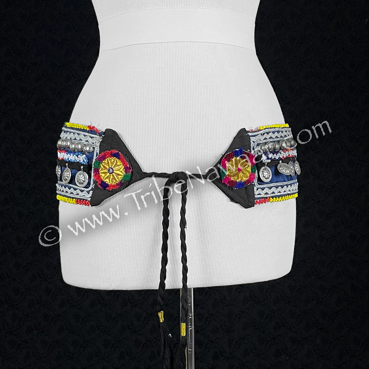Dark Blue Textile Belt With Flower Tabs (Consignment chrai2-6)
